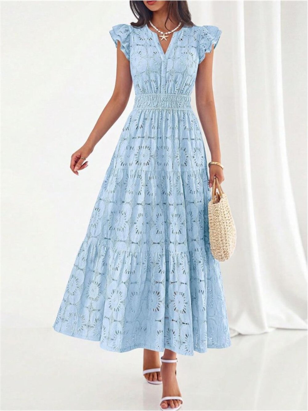 NEW - Light Blue Eyelet Lace Maxi Dress | Boho Wedding Guest & Vacation Dress - Picture 3 of 6